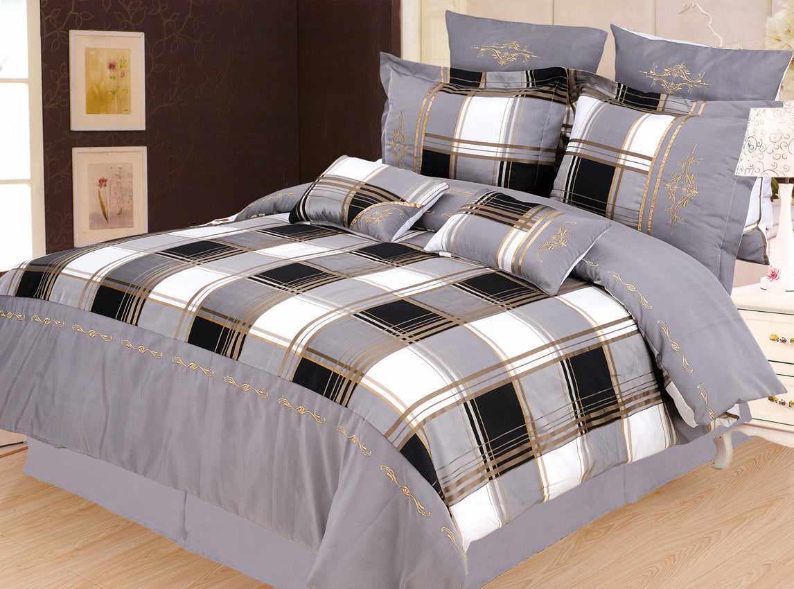 Superior Madison Embroidered and Plaid 7-Piece Duvet Cover Set  -Grey
