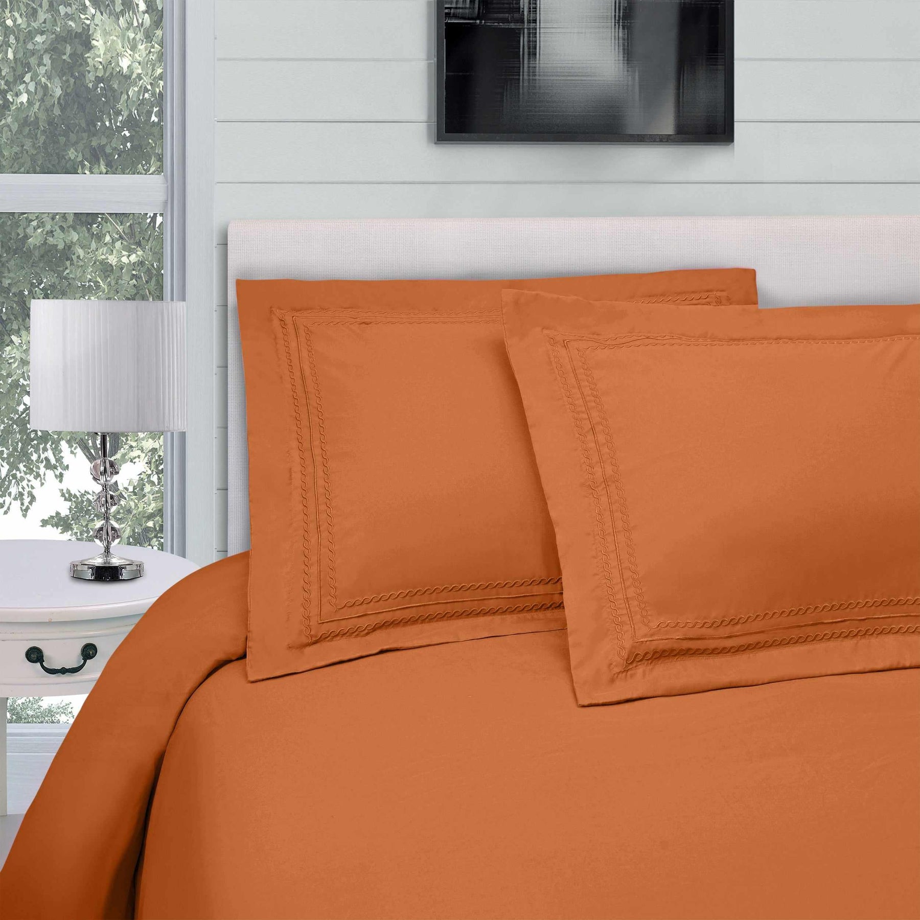 Superior Microfiber Wrinkle-Free and Breathable Solid Infinity Embroidery Duvet Cover Set - Orange