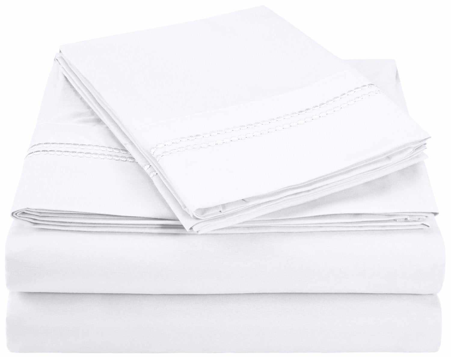  Superior Microfiber Wrinkle Resistant and Breathable Solid 2-Line Embroidery Deep Pocket Bed Sheet Set - White