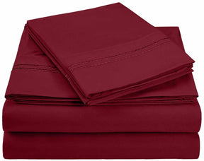 Superior Microfiber Wrinkle Resistant and Breathable Solid 2-Line Embroidery Deep Pocket Bed Sheet Set - Burgundy