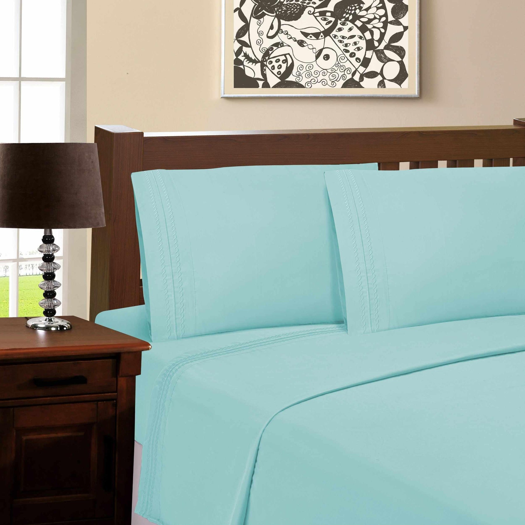  Superior Microfiber Wrinkle Resistant and Breathable Solid Infinity Embroidery Deep Pocket Sheet Set - Aquamarine