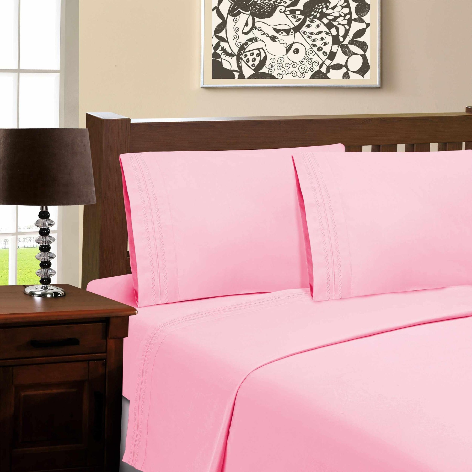 Superior Microfiber Wrinkle Resistant and Breathable Solid Infinity Embroidery Deep Pocket Sheet Set - Pink