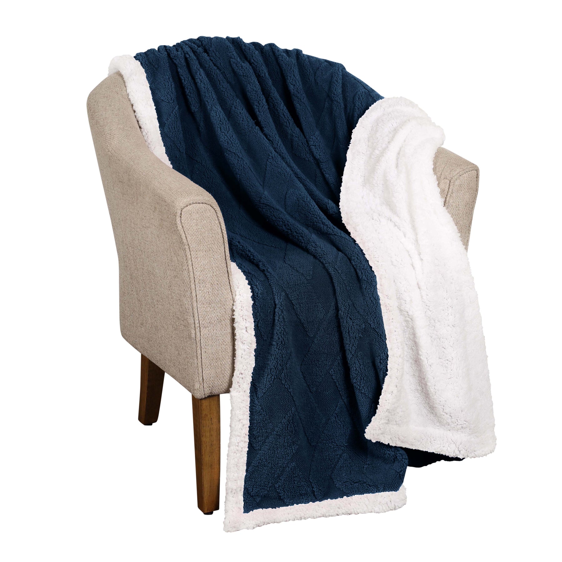 Superior Nuuk Reversible Jacquard Lattice Fleece Plush Sherpa Blanket - Navy Blue