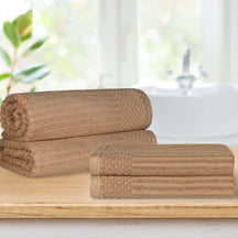 Superior Soho Ribbed Textured Cotton Ultra-Absorbent Bath Sheet & Bath Towel Set - Coffee