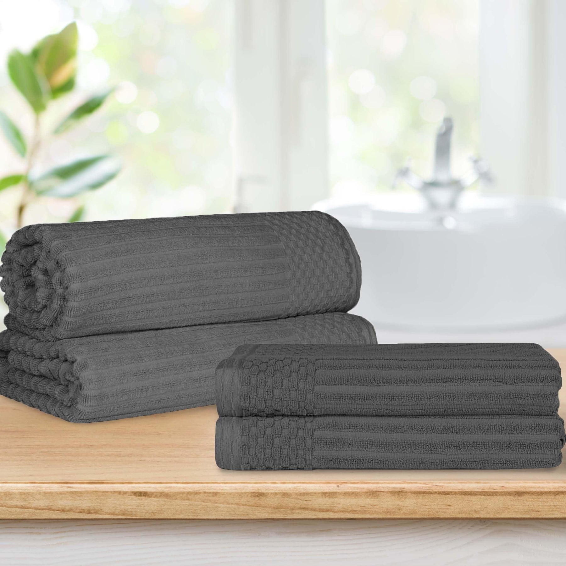 Superior Soho Ribbed Textured Cotton Ultra-Absorbent Bath Sheet & Bath Towel Set - Charcoal