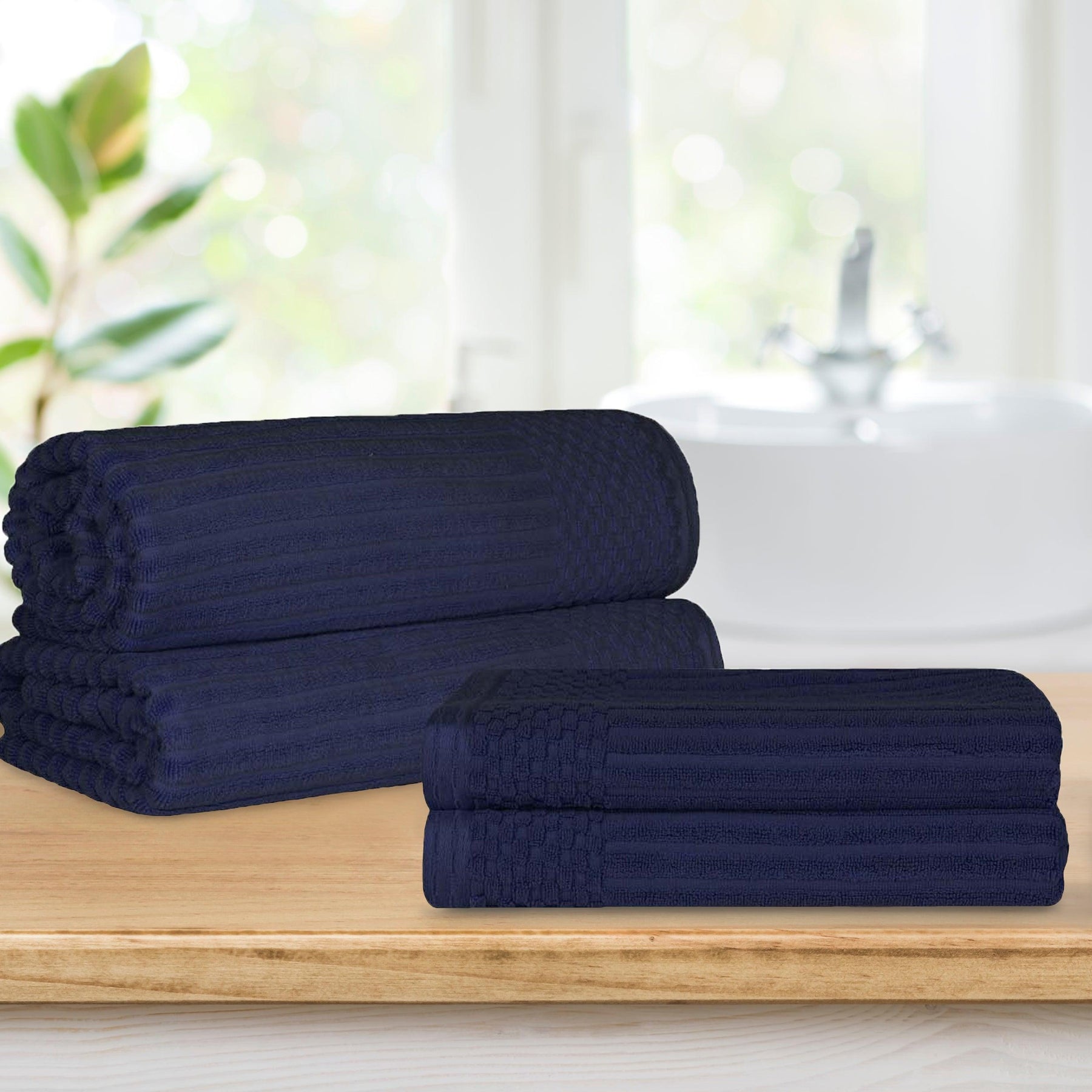  Superior Soho Ribbed Textured Cotton Ultra-Absorbent Bath Sheet & Bath Towel Set - Navy Blue