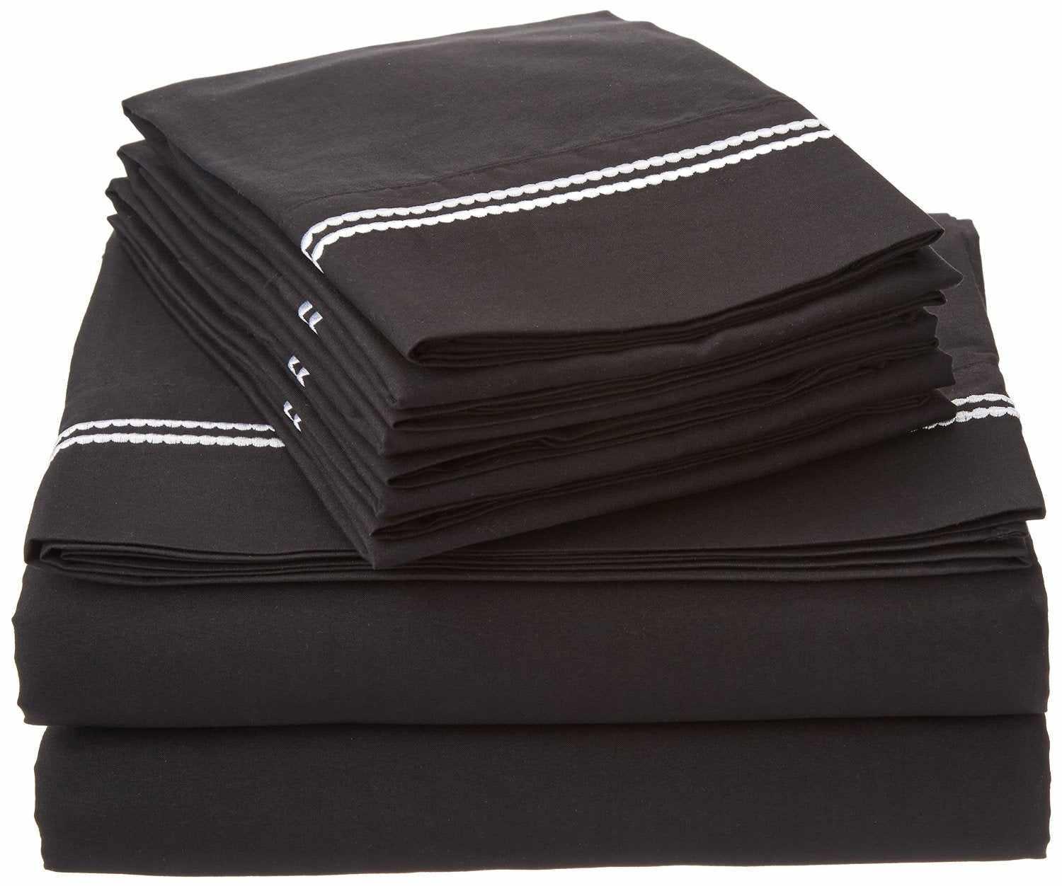 Superior Solid 2-Line Embroidered Trim Wrinkle-Free Microfiber 6 Piece Sheet Set with Extra Pillowcases - Black/Grey