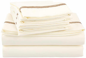 Superior Solid 2-Line Embroidered Trim Wrinkle-Free Microfiber 6 Piece Sheet Set with Extra Pillowcases - Ivory/Taupe
