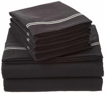 Superior Solid 2-Line Embroidered Trim Wrinkle-Free Microfiber 6 Piece Sheet Set with Extra Pillowcases - Black/grey