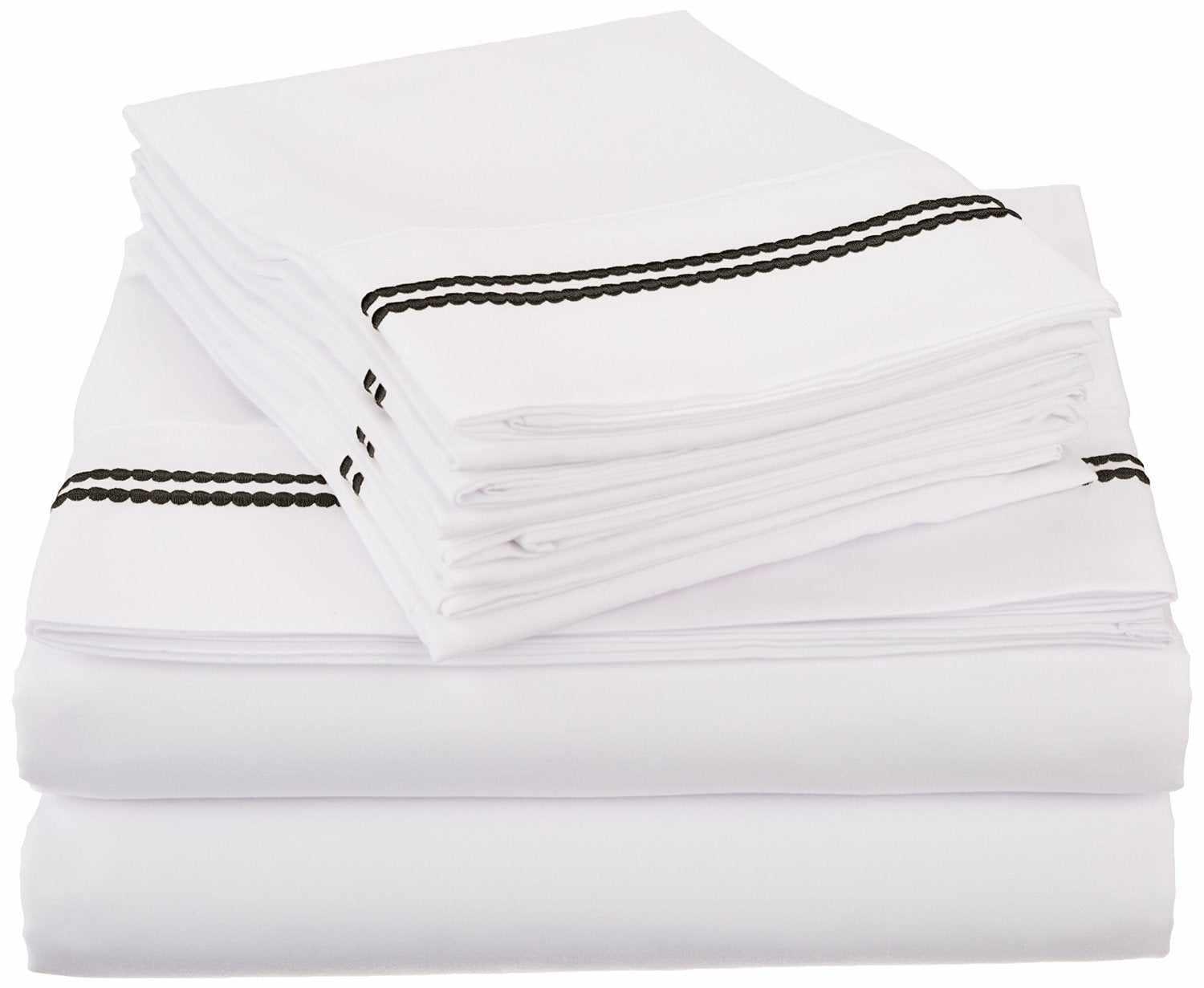 Superior Solid 2-Line Embroidered Trim Wrinkle-Free Microfiber 6 Piece Sheet Set with Extra Pillowcases - White/Black