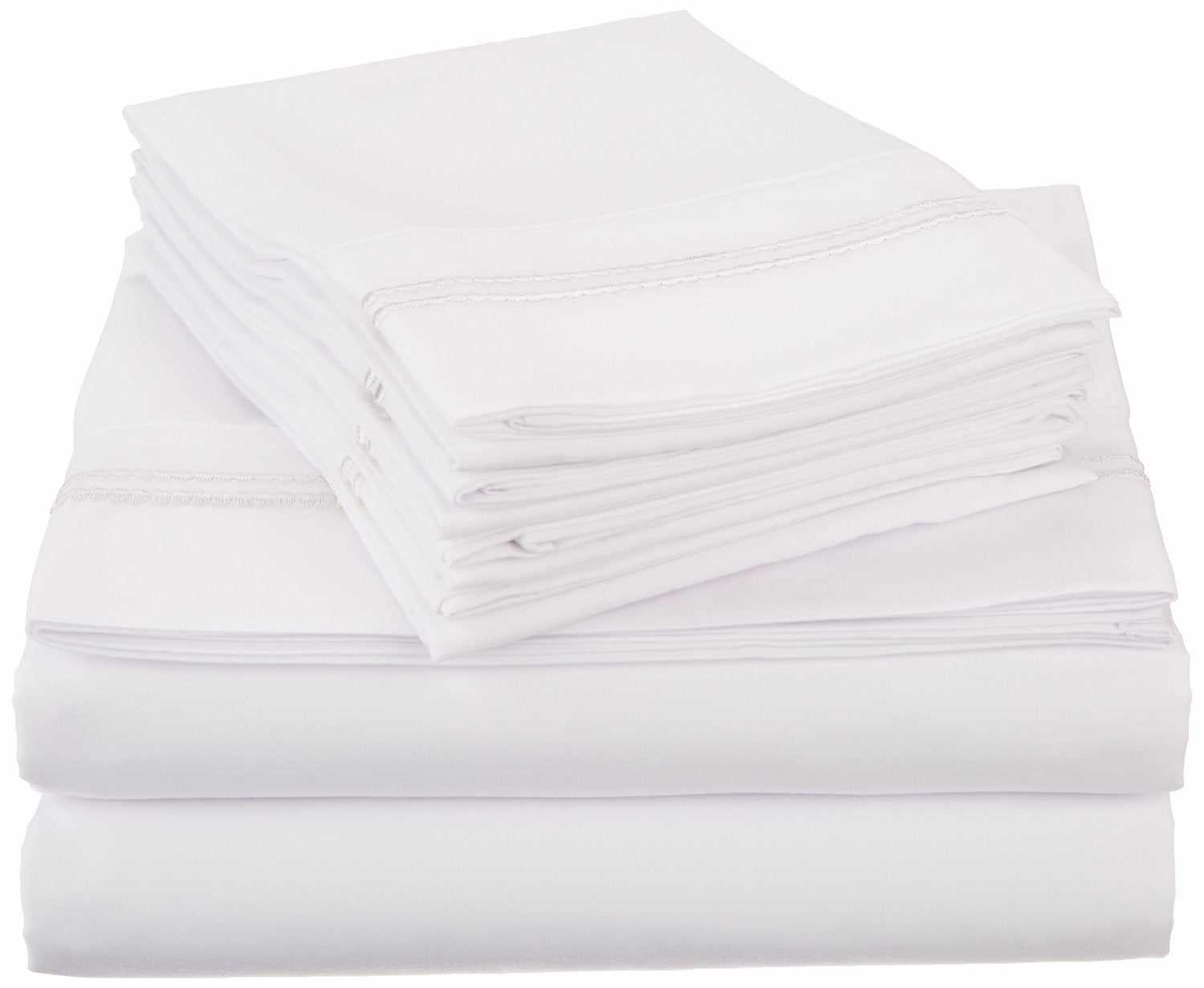 Superior Solid 2-Line Embroidered Trim Wrinkle-Free Microfiber 6 Piece Sheet Set with Extra Pillowcases - White