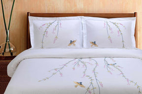 Spring Cotton 3-Piece Embroidered Floral Duvet Cover Set - White