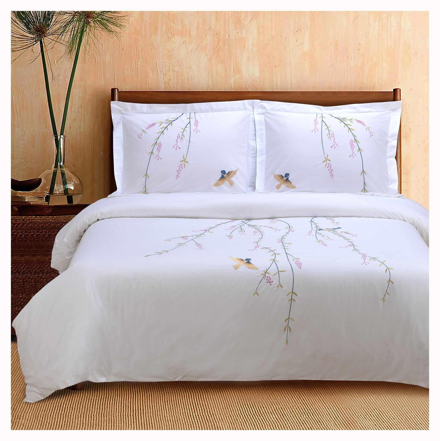 Spring Cotton 3-Piece Embroidered Floral Duvet Cover Set - White