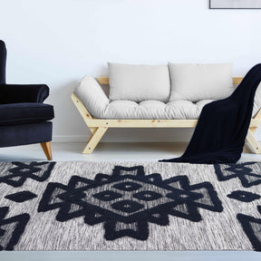 Superior Bohemian Wool Geometric Medallion Fringe Indoor Area or Runner Rug-Rugs-Superior-Black-Ivory-2.6 ft. x 10 ft.-Home City Inc