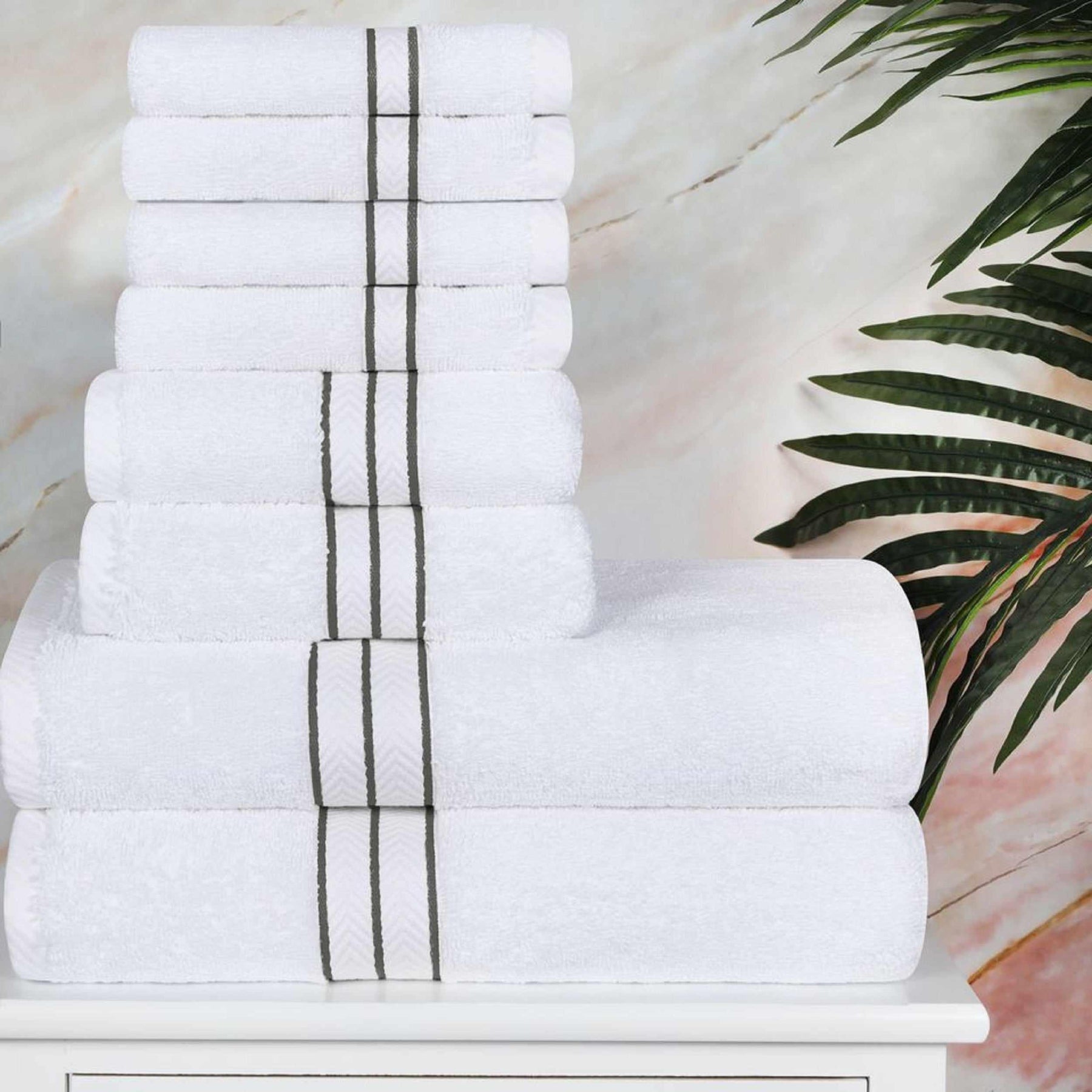 Turkish Cotton Heavyweight Plush 8 Piece Towel Set - White/Choco