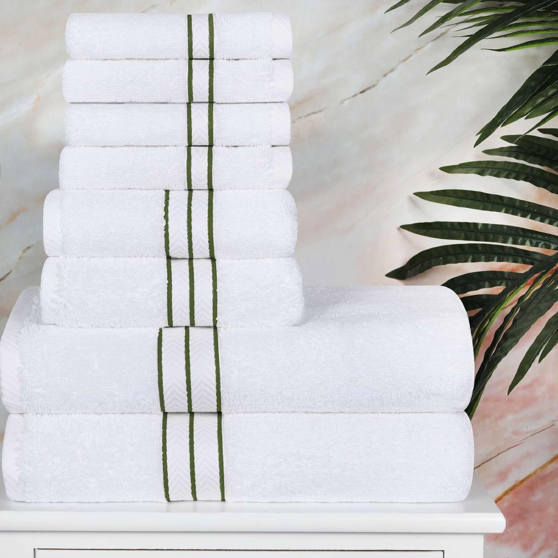 Turkish Cotton Heavyweight Plush 8 Piece Towel Set - White/Forest Green