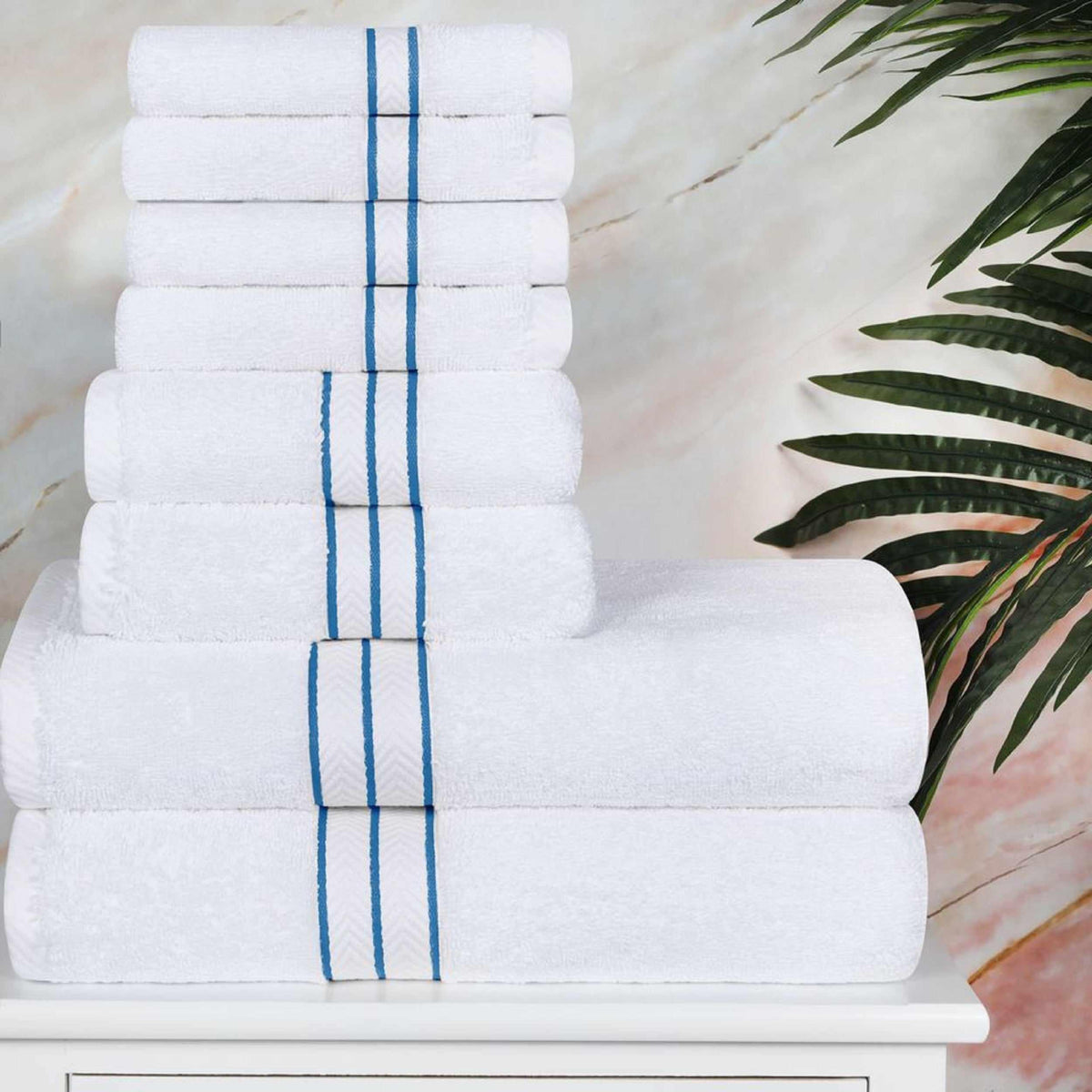 Turkish Cotton Heavyweight Plush 8 Piece Bath Towel Set-Towel Set - White/Light Blue