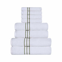  Traditional Organic Wave 650 GSM 8- Pieces Towel Set - White-ForestGreen