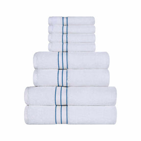 Traditional Organic Wave 650 GSM 8- Pieces Towel Set - White-Light Blue