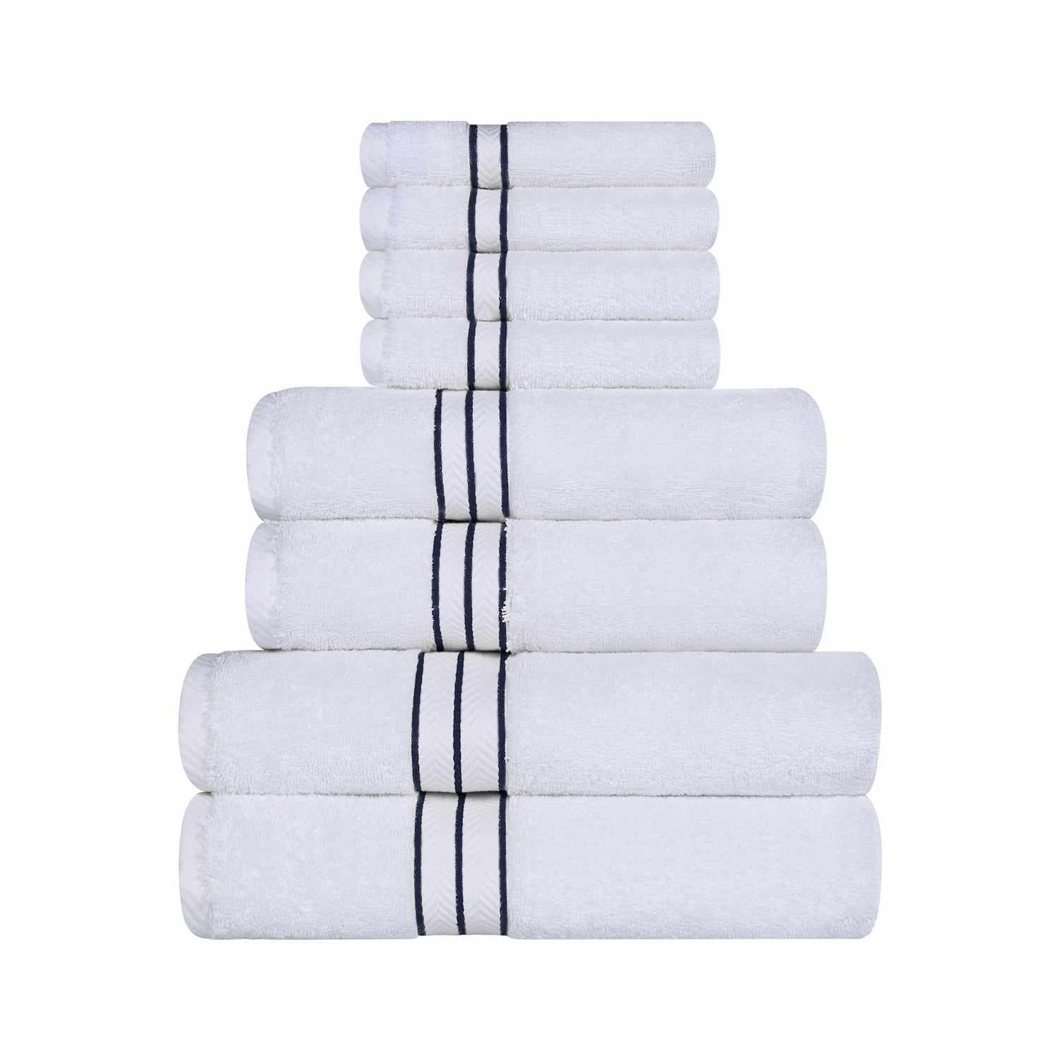  Traditional Organic Wave 650 GSM 8- Pieces Towel Set - White-Navy Blue