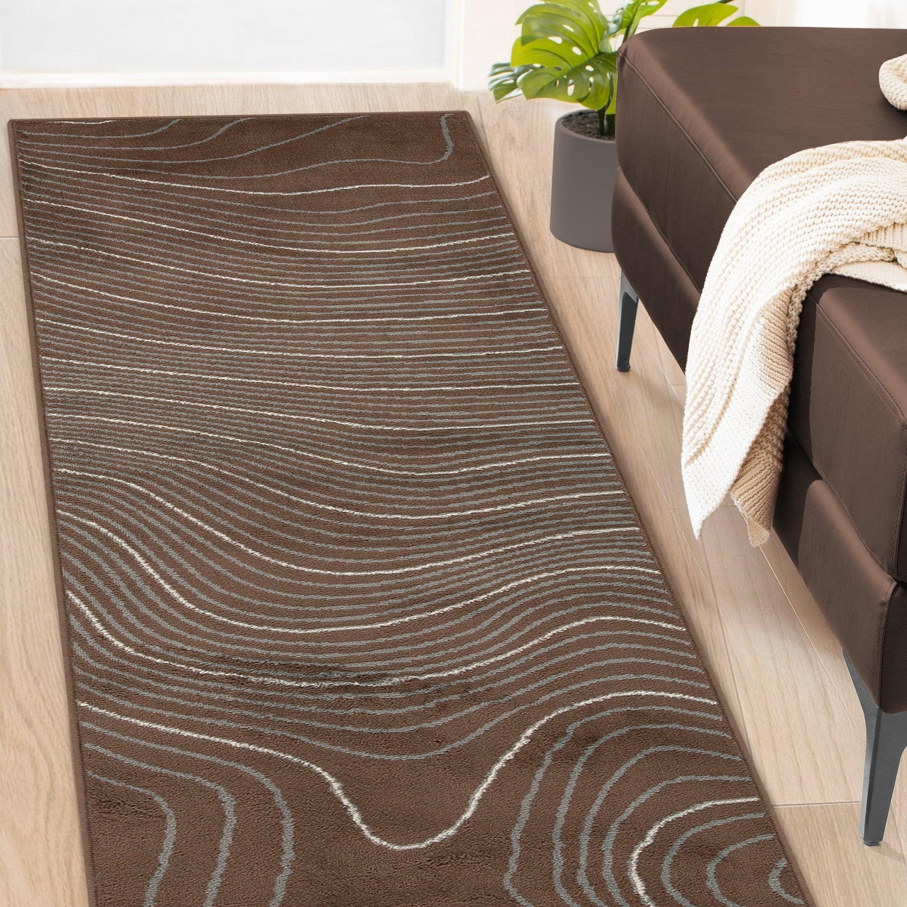 Modern Abstract Line Design Indoor Area Rug or Runner - Chocolate