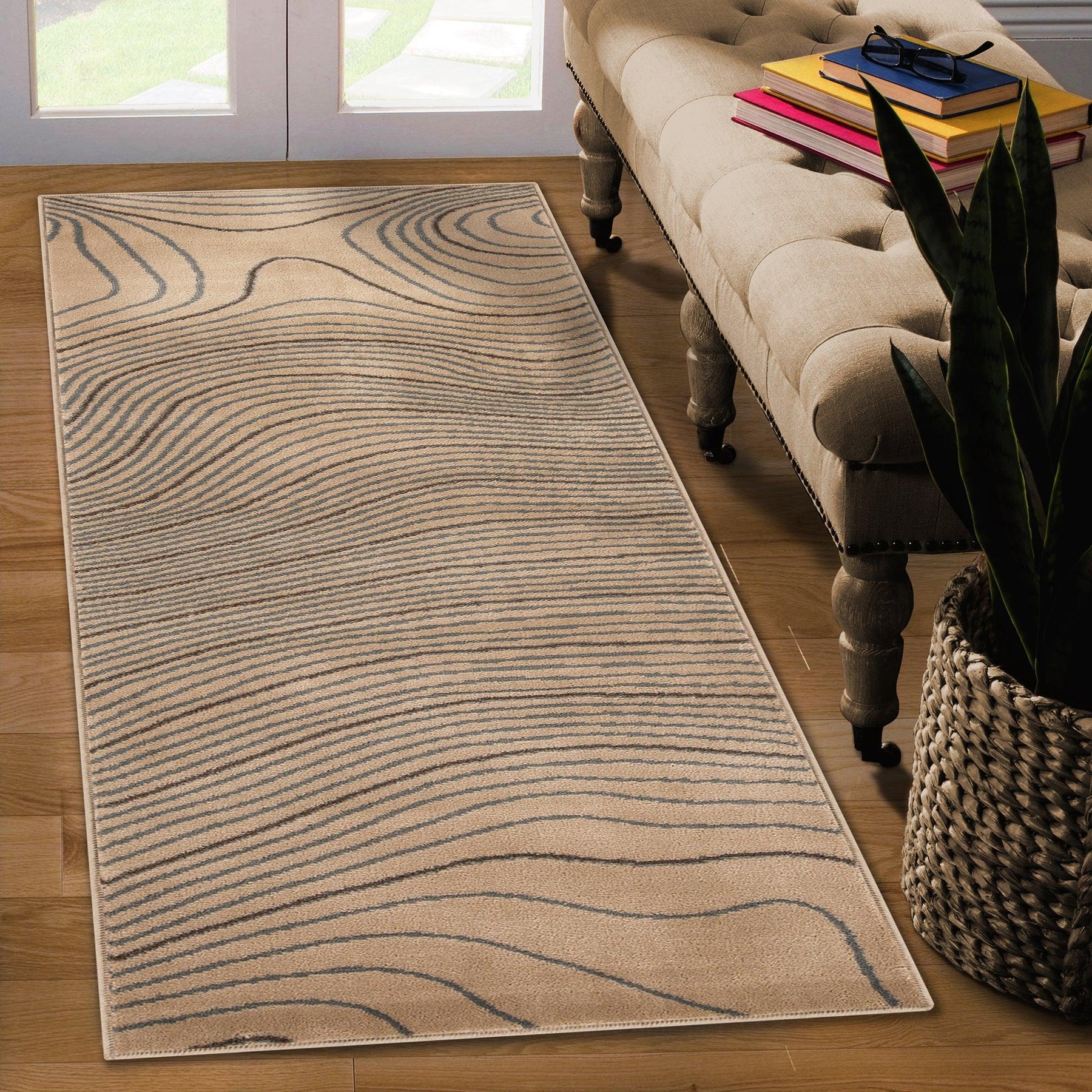 Modern Abstract Line Design Indoor Area Rug or Runner - Beige