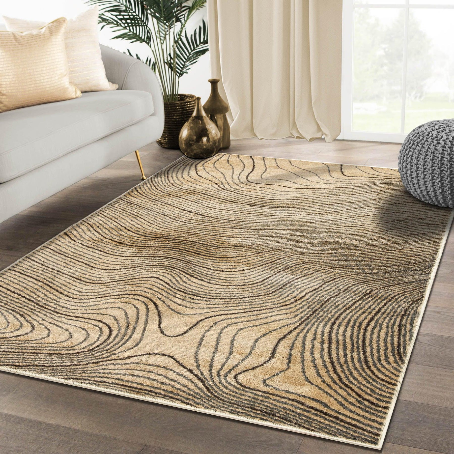 Modern Abstract Line Design Indoor Area Rug or Runner - Beige