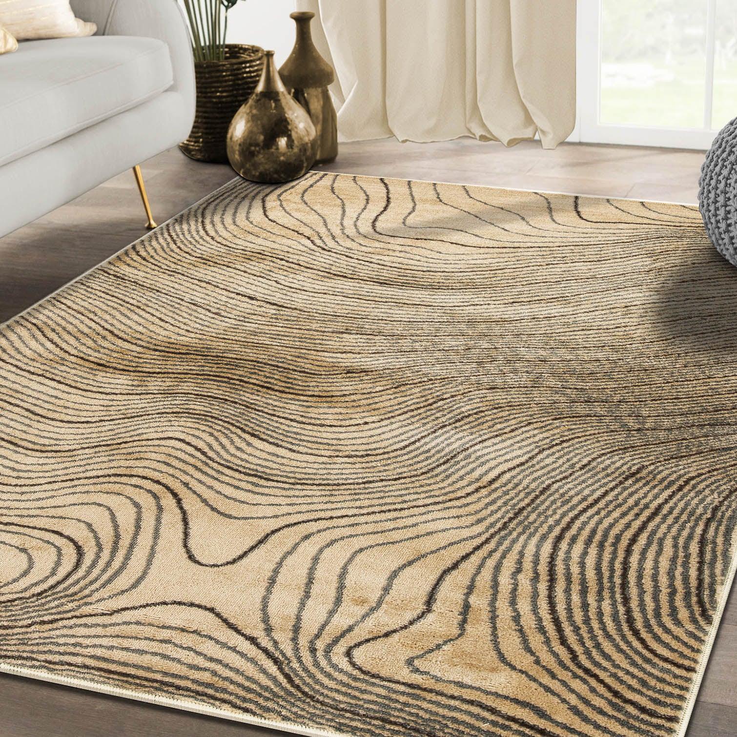 Modern Abstract Line Design Indoor Area Rug or Runner - Beige