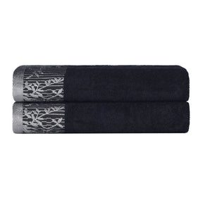Superior Wisteria Cotton Floral Jacquard Border Bath Towels  - Black