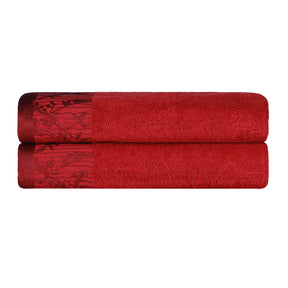 Superior Wisteria Cotton Floral Jacquard Border Bath Towels  - Garnet