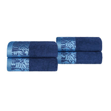Superior Wisteria Cotton Floral Jacquard Border Hand Towels - Navy Blue