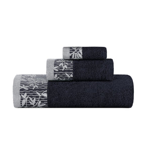 Superior Wisteria Cotton Floral Jacquard 3 Piece Towel Set - Black