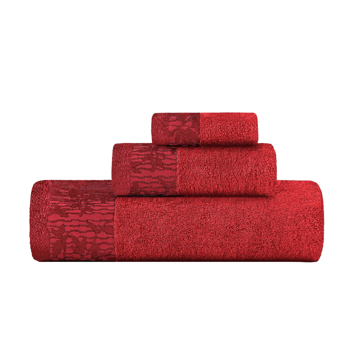 Superior Wisteria Cotton Floral Jacquard 3 Piece Towel Set - Garnet