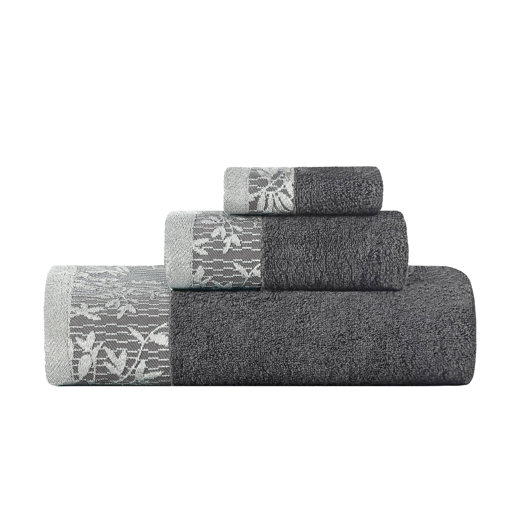 Superior Wisteria Cotton Floral Jacquard 3 Piece Towel Set - Grey