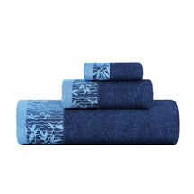 Superior Wisteria Cotton Floral Jacquard 3 Piece Towel Set -  Navy Blue
