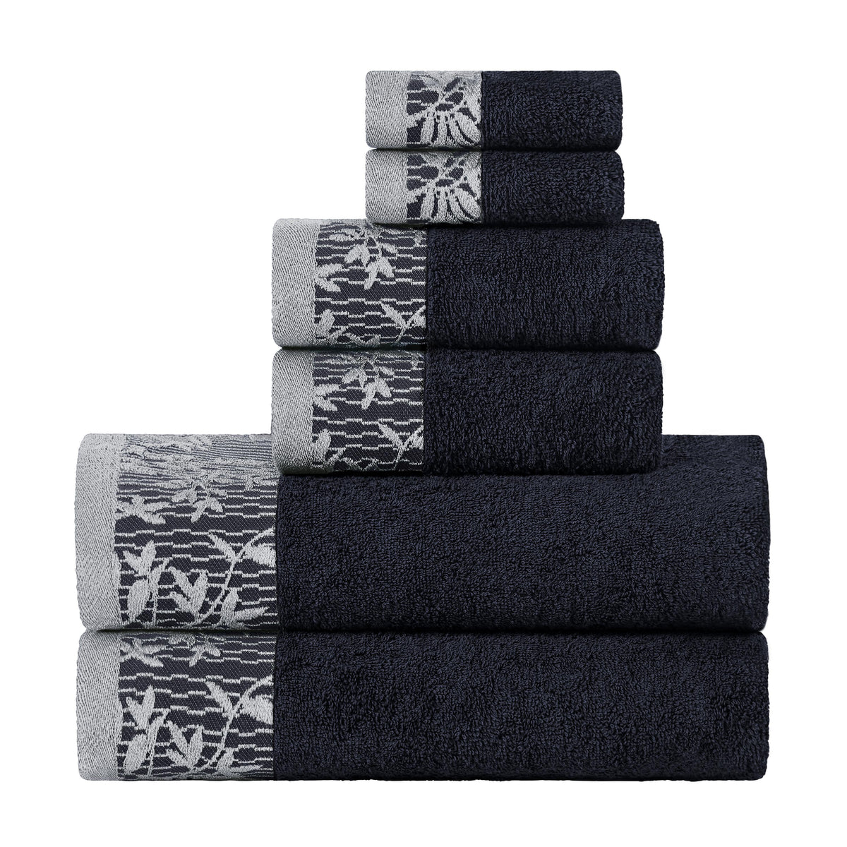 Superior Wisteria Cotton Floral Jacquard 6 Piece Towel Set - Black