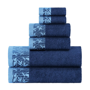 Superior Wisteria Cotton Floral Jacquard 6 Piece Towel Set - Navy Blue