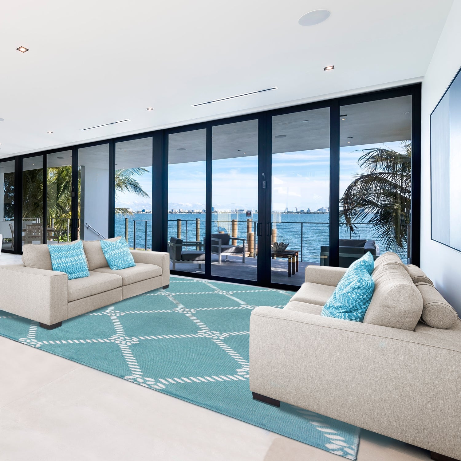 Superior Coastal Geometric Lattice Indoor Outdoor Luxurious Area Rug - Turquoise