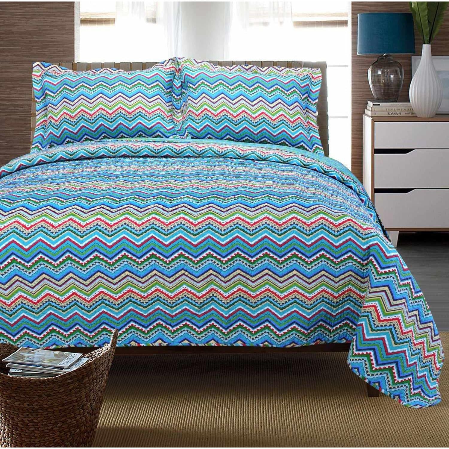 Cotton Modern Geometric Zig Zag Reversible Quilt and Sham Set - Quilt Set by Superior Brand