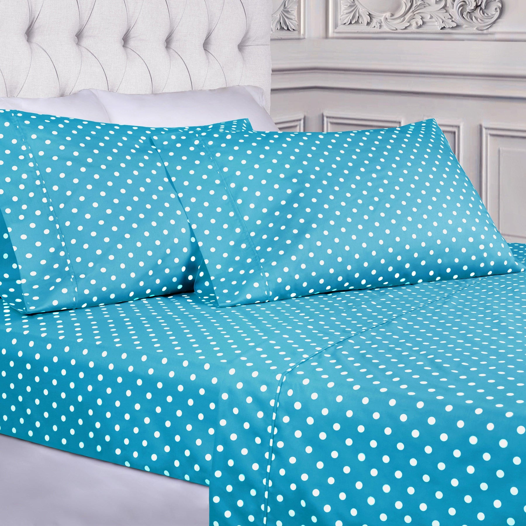 600 Thread Count Cotton Blend Polka Dot Luxury Deep Pocket Retro Bed Sheet Set - Aqua