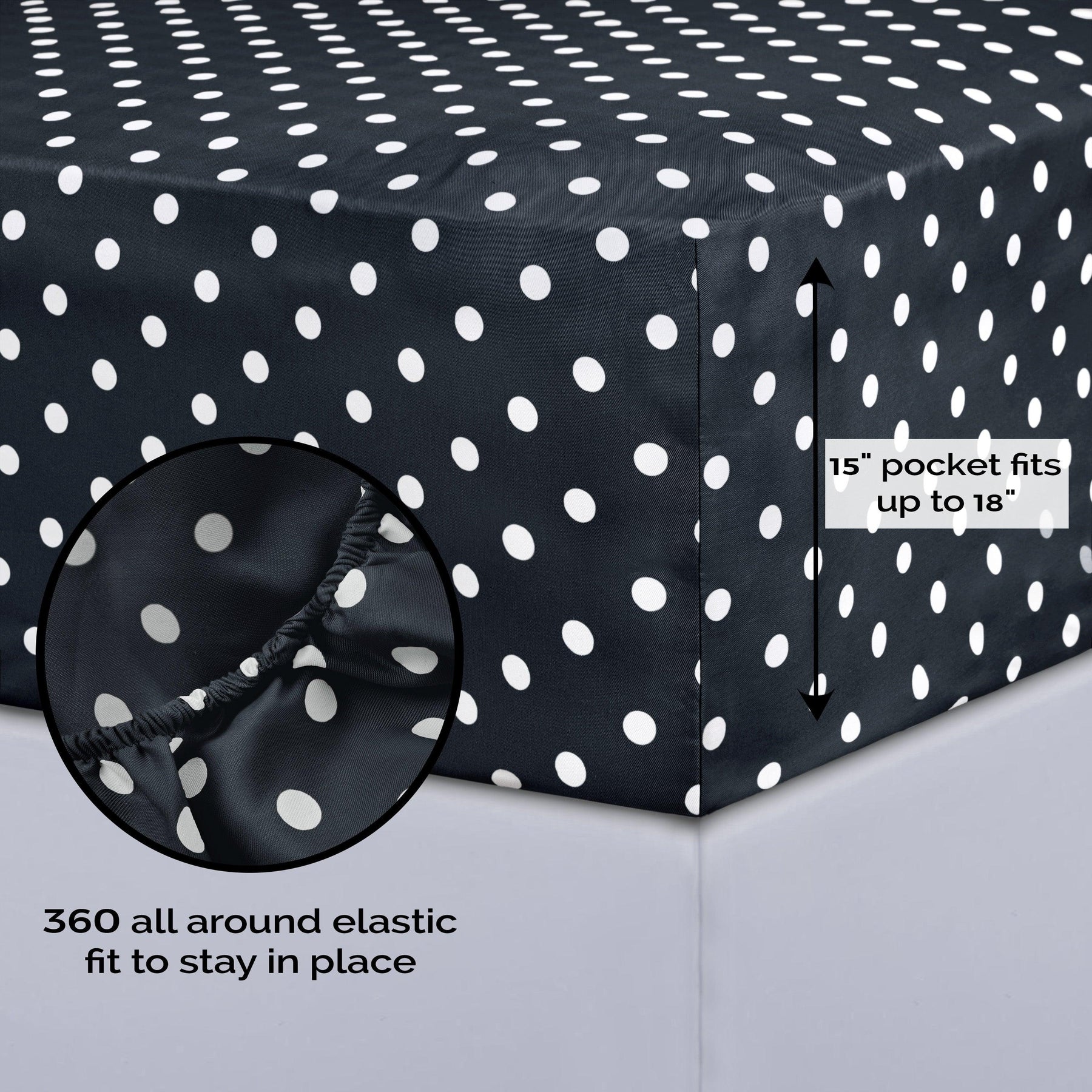 600 Thread Count Cotton Blend Polka Dot Luxury Deep Pocket Retro Bed Sheet Set - Black