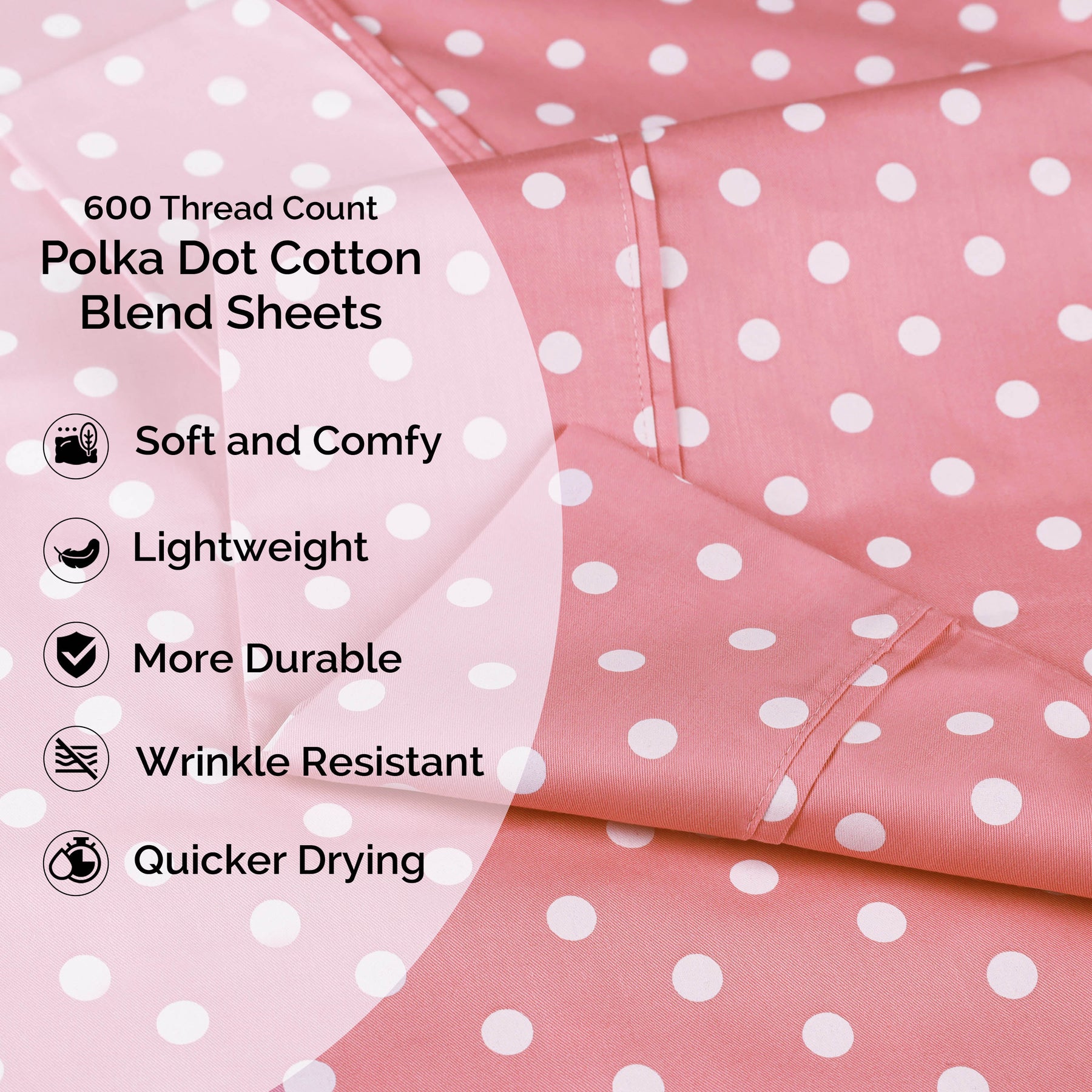 600 Thread Count Cotton Blend Polka Dot Luxury Deep Pocket Retro Bed Sheet Set - Pink