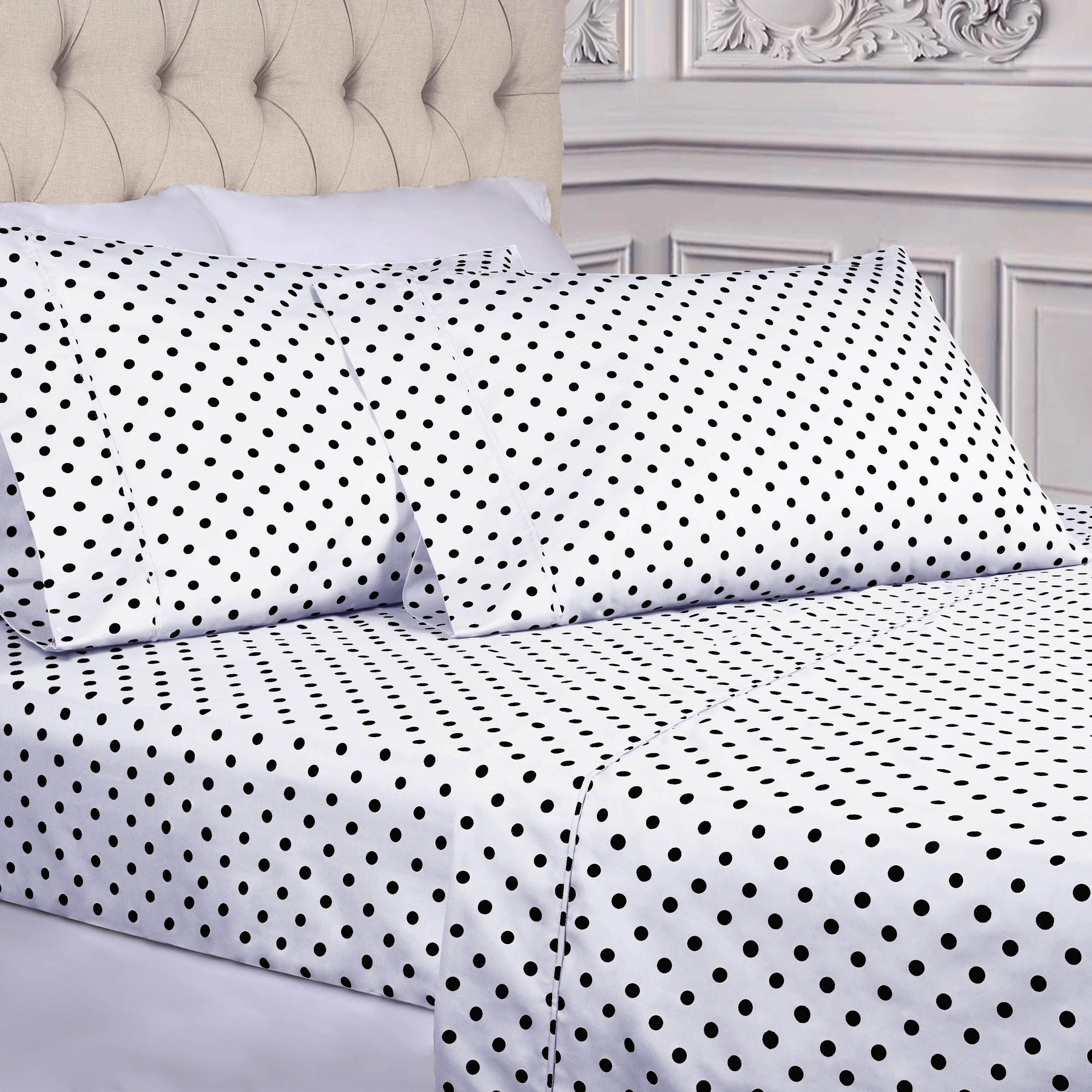 600 Thread Count Cotton Blend Polka Dot Luxury Deep Pocket Retro Bed Sheet Set - White