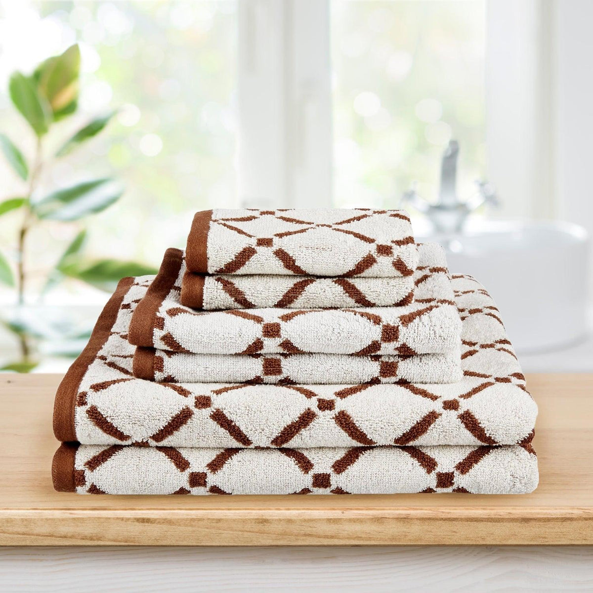 Reversible Diamond Cotton 6-Piece Bath Towel Set -  Chocolate/Cream