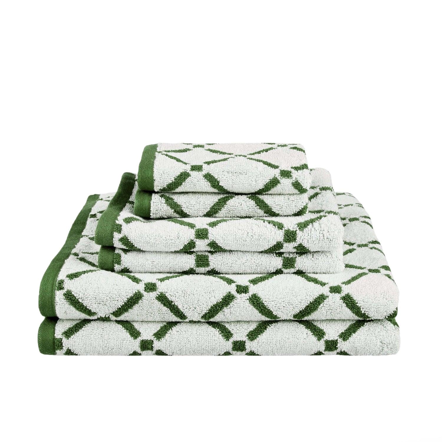 Reversible Diamond Cotton 6-Piece Bath Towel Set - Hunter Green/Cream