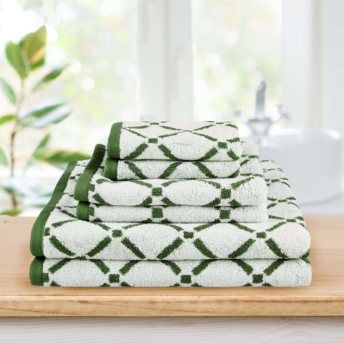 Reversible Diamond Cotton 6-Piece Bath Towel Set -  Hunter Green/Cream