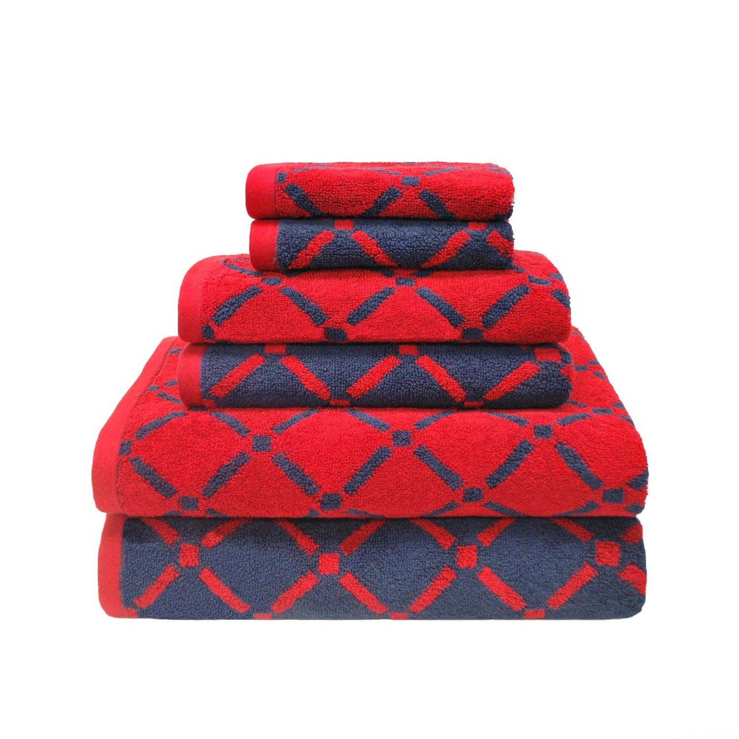 Reversible Diamond Cotton 6-Piece Bath Towel Set - Red/Navy Blue