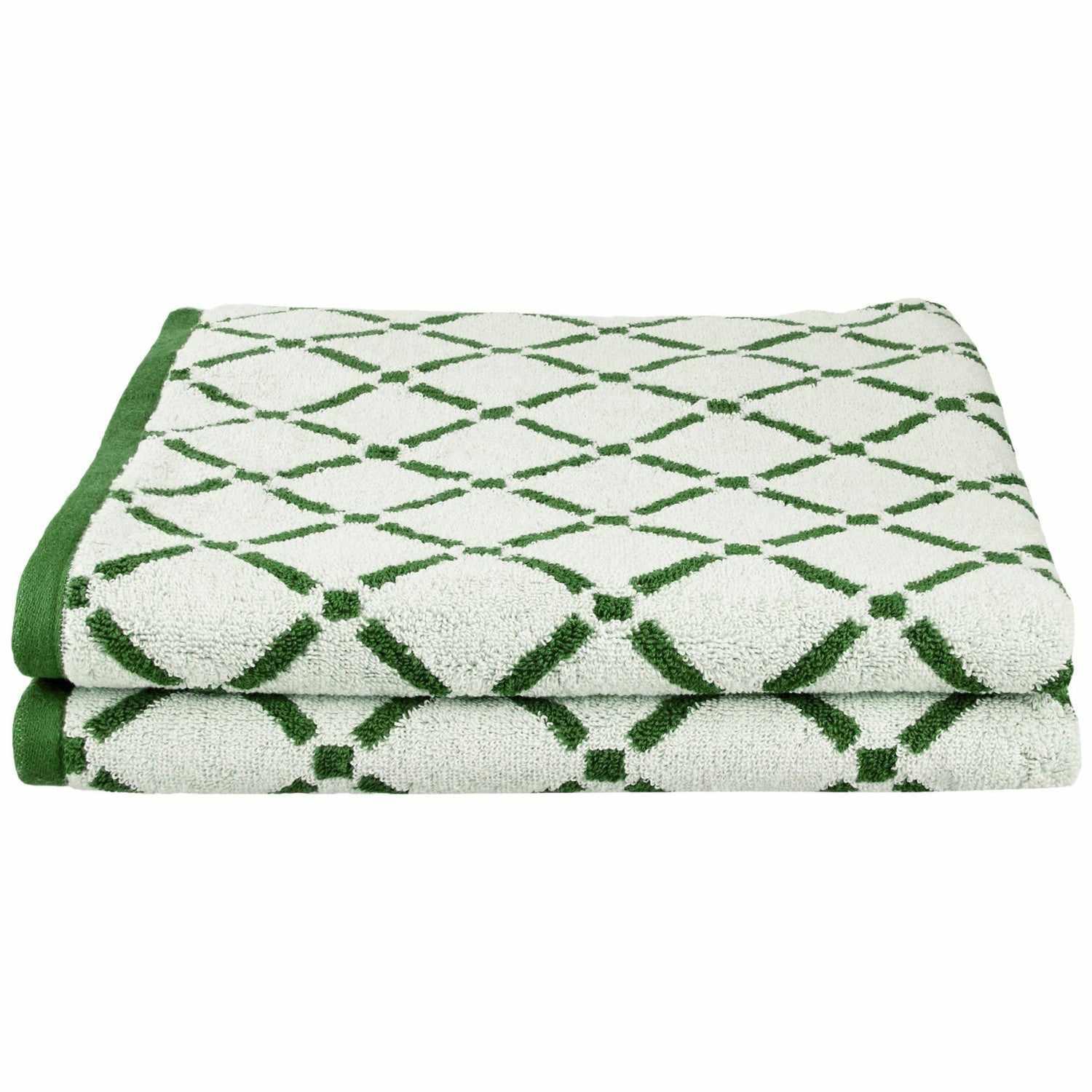 Reversible Diamond Cotton 2-Piece Bath Towel Set - Hunter Green/Cream