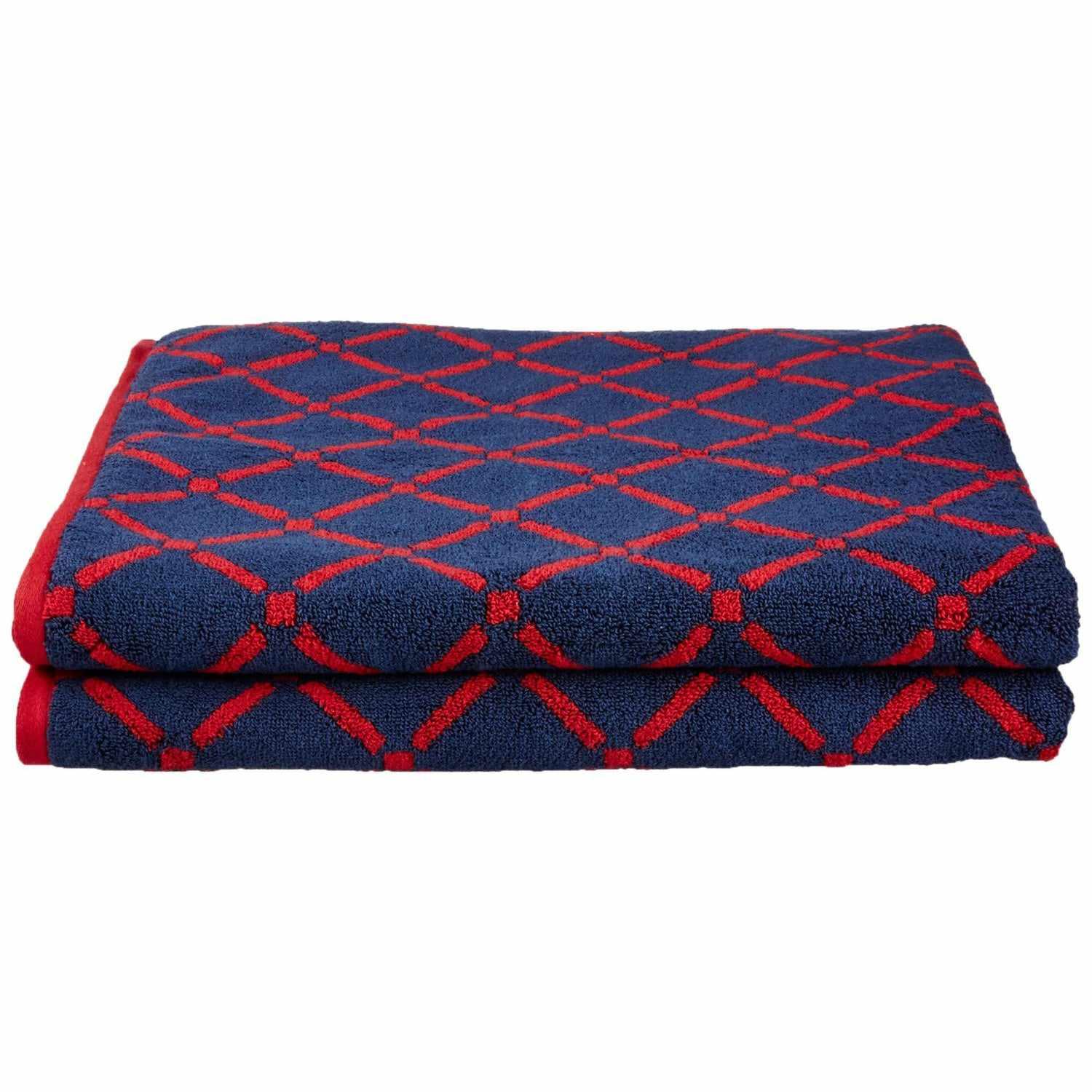 Reversible Diamond Cotton 2-Piece Bath Towel Set - Red/Navy Blue