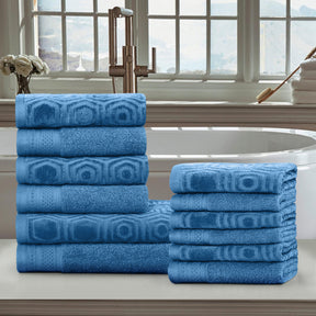 Honeycomb Jacquard 12-Piece Cotton Velour Bath Towel Set - Azure